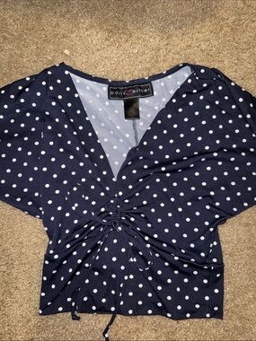 Polka Dot V-Neck Tie-Front Blouse - Navy/White